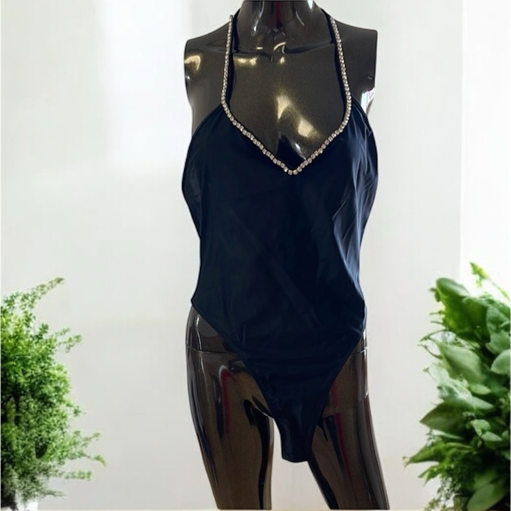 SHEIN Black rhinestone Embellished Bodysuit